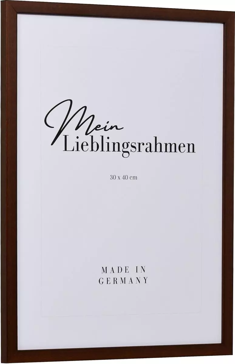 Seitenansicht eines schmalen, dunkelbraunen Bilderrahmens mit sichtbarer Holzstruktur und glatter Oberfläche