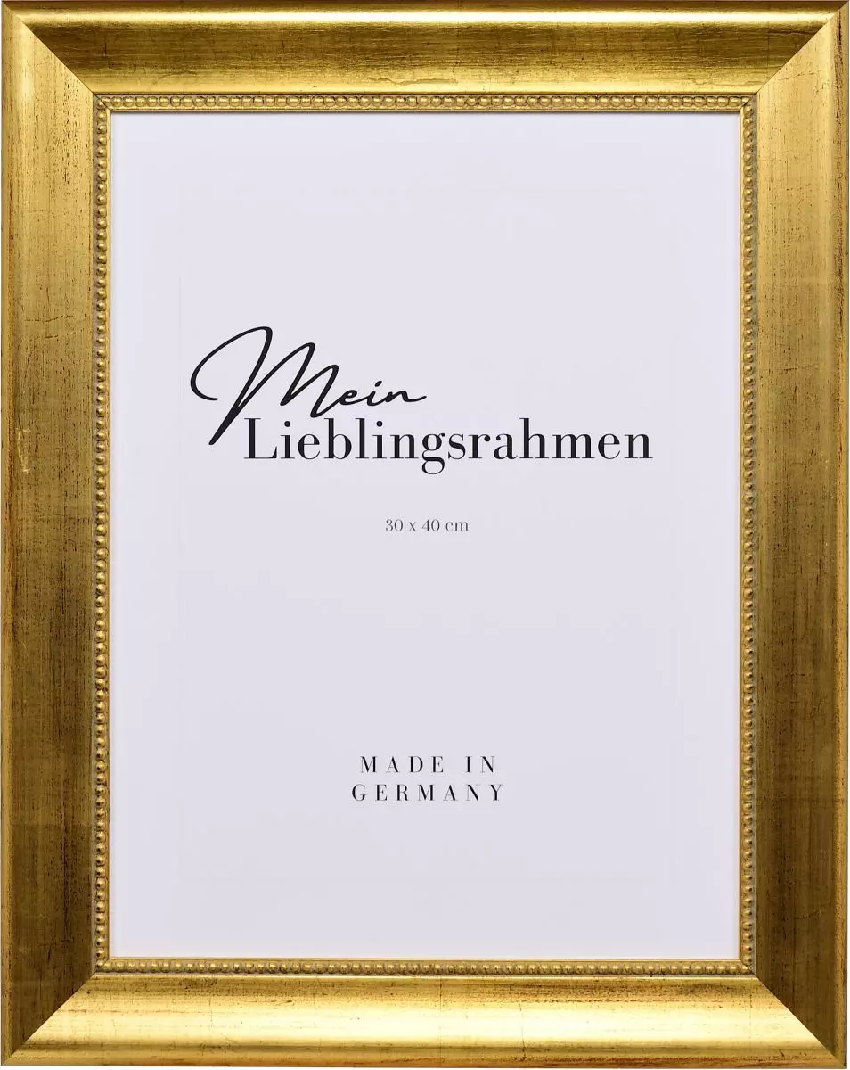 Frontansicht eines klassischen, goldenen Massivholzrahmens mit Perlkante und Patina