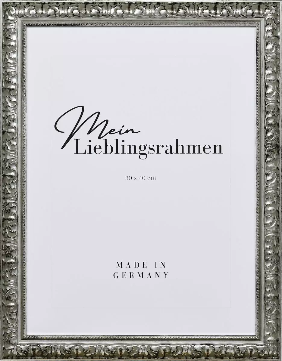 Frontansicht eines silbernen Holzrahmens im eleganten, barocken Look mit in Handarbeit aufgebürstetem Schlagmetall und Perlkante 