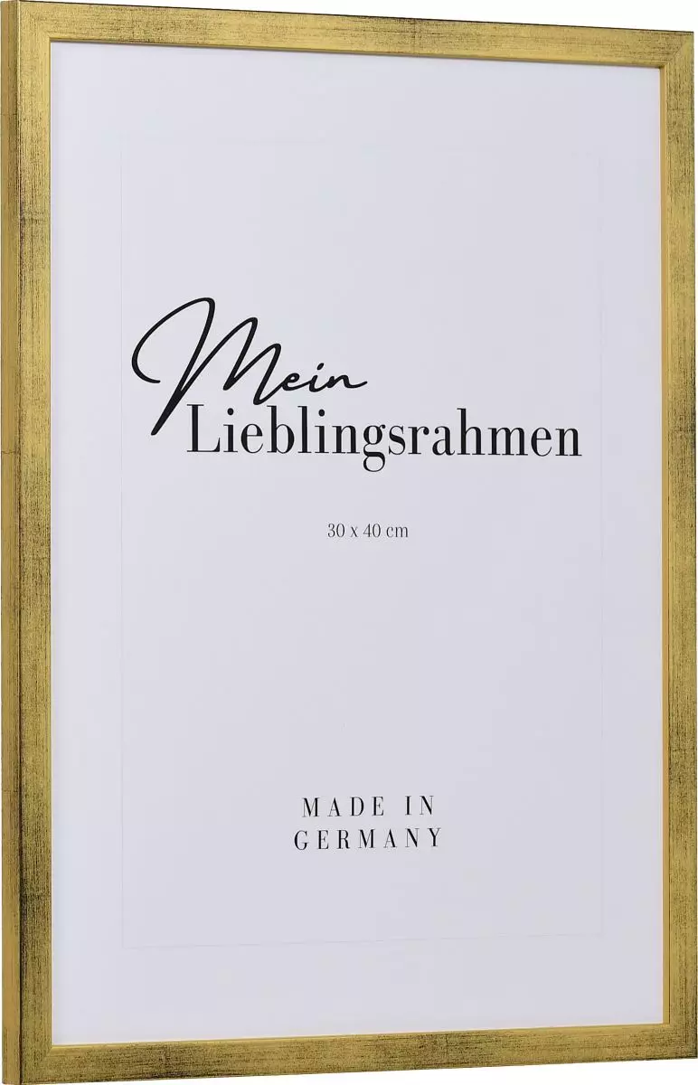 Seitenansicht eines schmalen, gold lackierten Bilderrahmens mit sichtbarer Holzstruktur und glatter Oberfläche