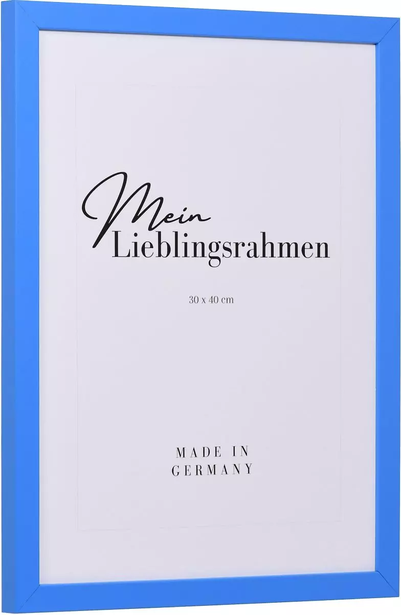 Seitenansicht eines blauen Bilderrahmens mit geschlossener, glatter Oberfläche und würfelförmigem Profil