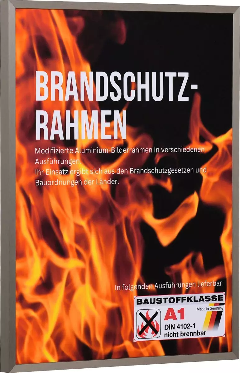 Seitenansicht eines anthrazitfarbenen, kantigen, stabilen Brandschutzrahmens aus eloxierten Aluminium