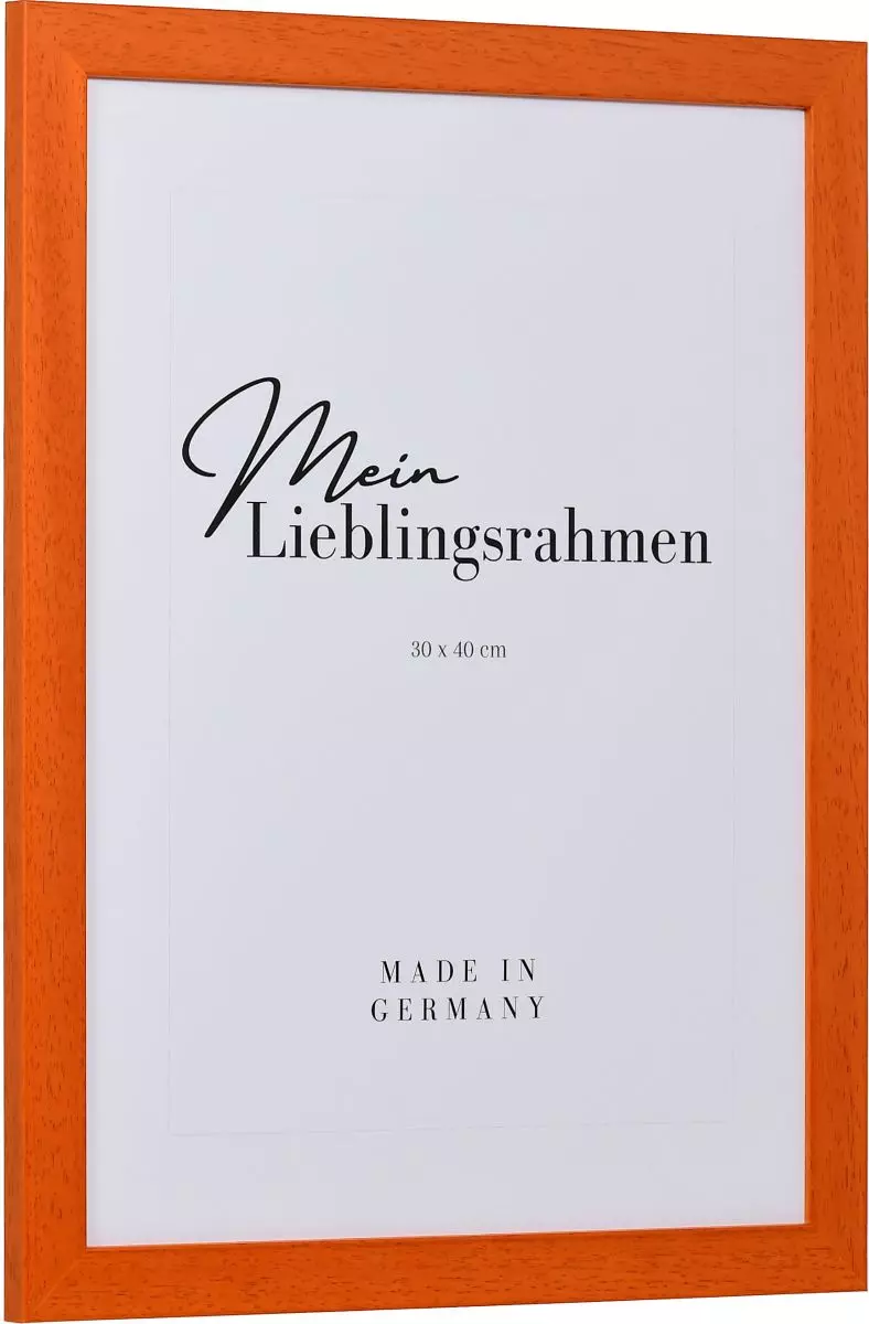 Seitenansicht eines orangenen Bilderrahmens mit sichtbarer Holzstruktur, glatter Oberfläche und kantigem, schlichtem Profil