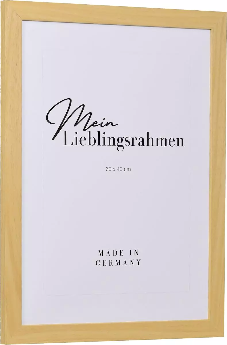 Seitenansicht eines naturfarbenen Bilderrahmens mit sichtbarer Holzstruktur, glatter Oberfläche und kantigem, schlichtem Profil