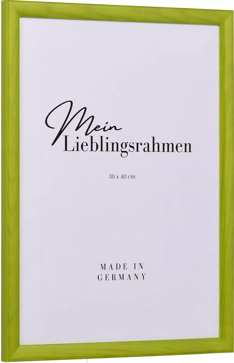 Seitenansicht eines grünen Bilderrahmens mit glatter Hochglanz-Oberfläche und sichtbarer Holzstruktur