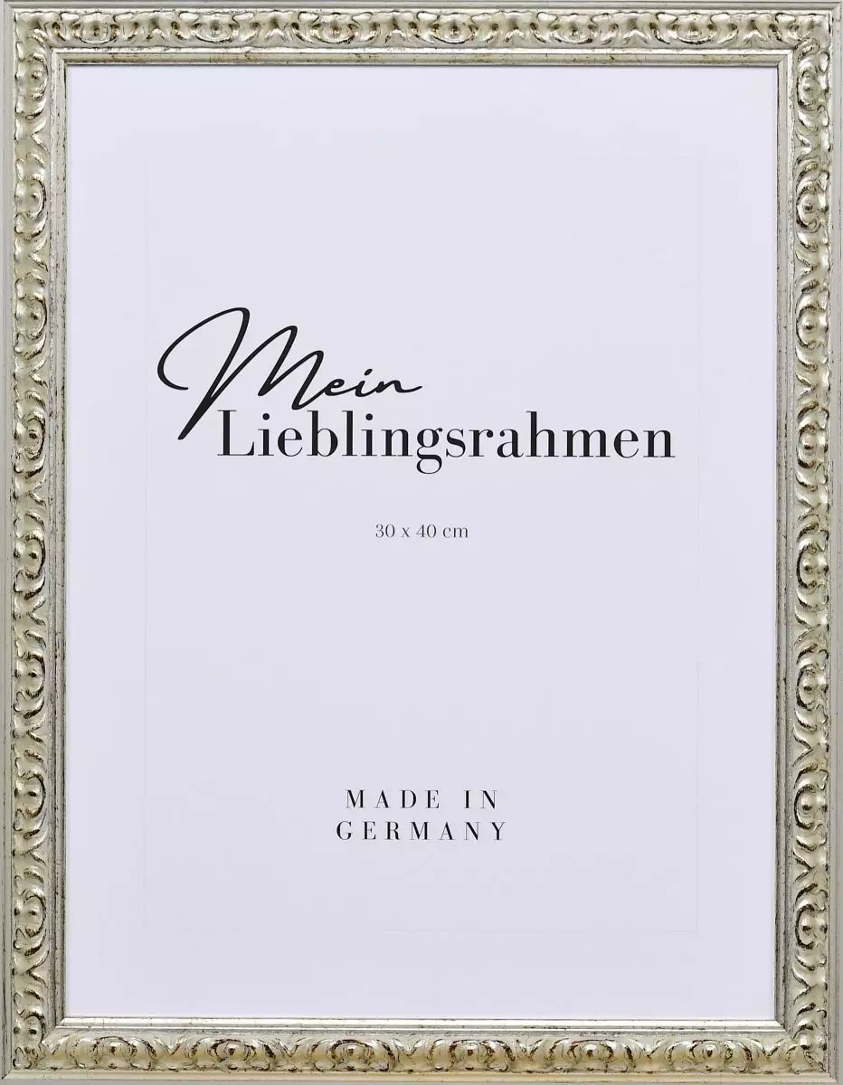 Frontansicht eines silbernen, aufwendig geformten, barocken Holzrahmens mit floraler Ornamentik und in Handarbeit aufgebürstetem Schlagmetall