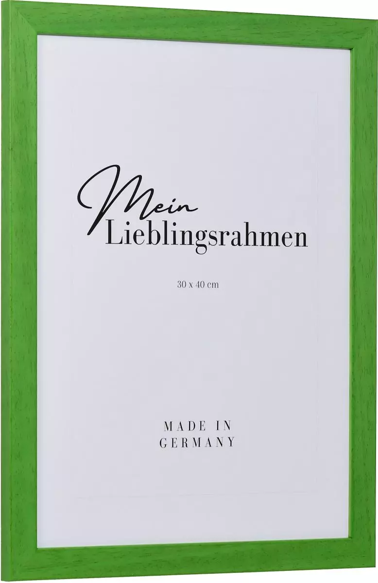 Seitenansicht eines grünen Bilderrahmens mit sichtbarer Holzstruktur, glatter Oberfläche und kantigem, schlichtem Profil