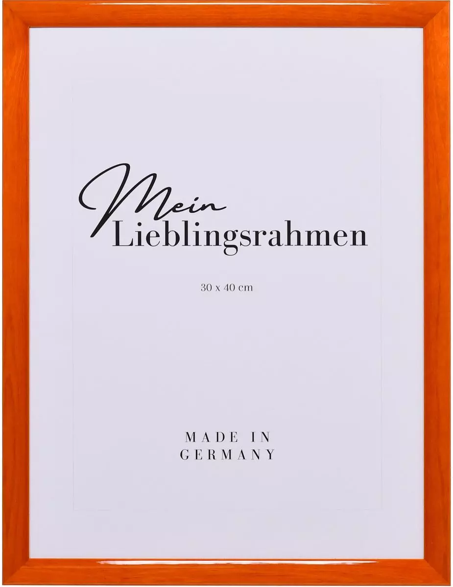 Frontansicht eines orangenen Bilderrahmens mit glatter Hochglanz-Oberfläche und sichtbarer Holzstruktur