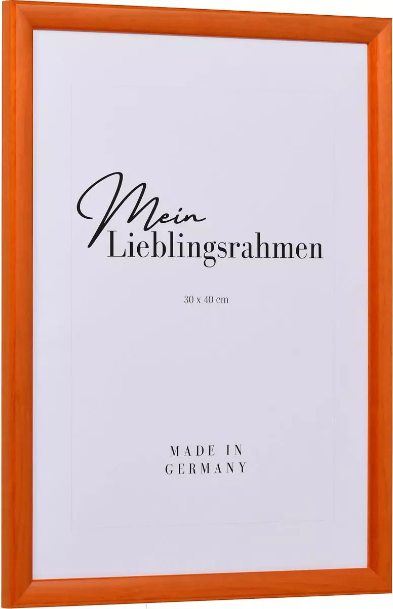 Seitenansicht eines orangenen Bilderrahmens mit glatter Hochglanz-Oberfläche und sichtbarer Holzstruktur