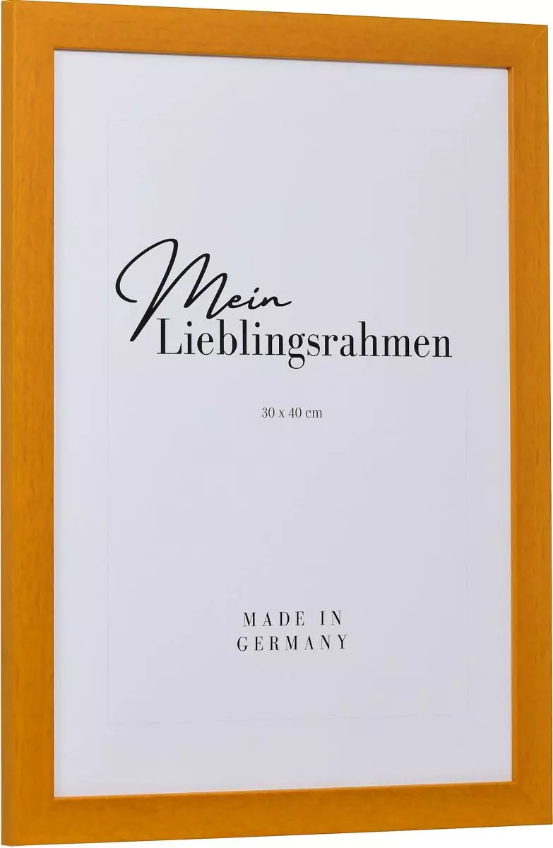 Seitenansicht eines honigfarbenen Bilderrahmens mit sichtbarer Holzstruktur, glatter Oberfläche und kantigem, schlichtem Profil