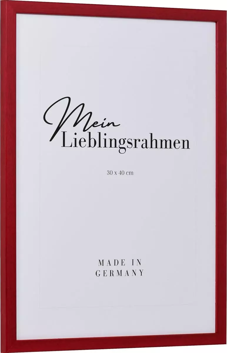 Seitenansicht eines schmalen, rot lackierten Bilderrahmens mit sichtbarer Holzstruktur und glatter Oberfläche