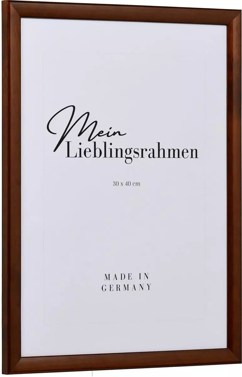 Seitenansicht eines braunen Bilderrahmens mit glatter Hochglanz-Oberfläche und sichtbarer Holzstruktur