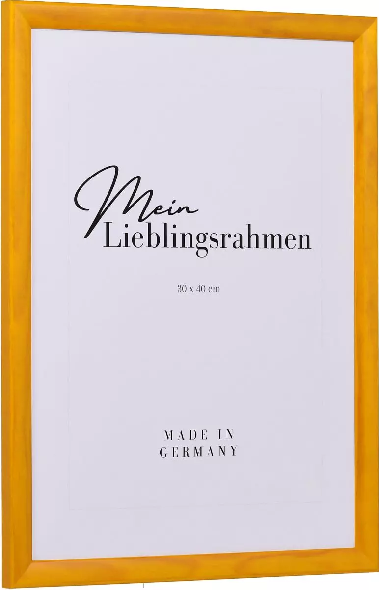 Seitenansicht eines honigfarbenen Bilderrahmens mit glatter Hochglanz-Oberfläche und sichtbarer Holzstruktur