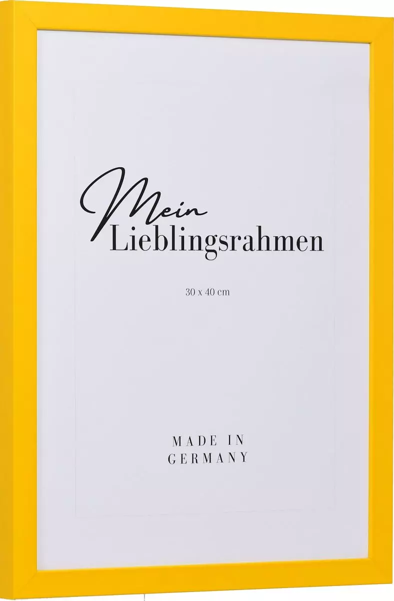 Seitenansicht einesgelben Bilderrahmens mit geschlossener, glatter Oberfläche und würfelförmigem Profil