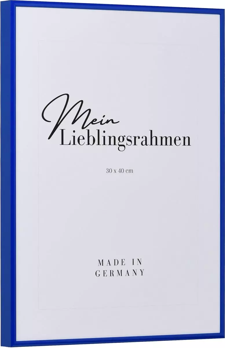 Seitenansicht eines blauen, sehr formstabilen Aluminiumrahmens mit patentiertem Eckverbindersystem 