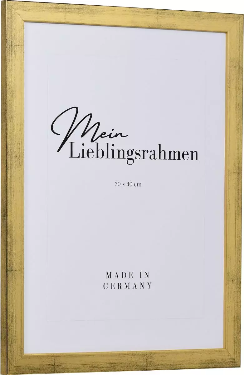 Seitenansicht eines goldenen Bilderrahmens mit sichtbarer Holzstruktur, glatter Oberfläche und kantigem, schlichtem Profil