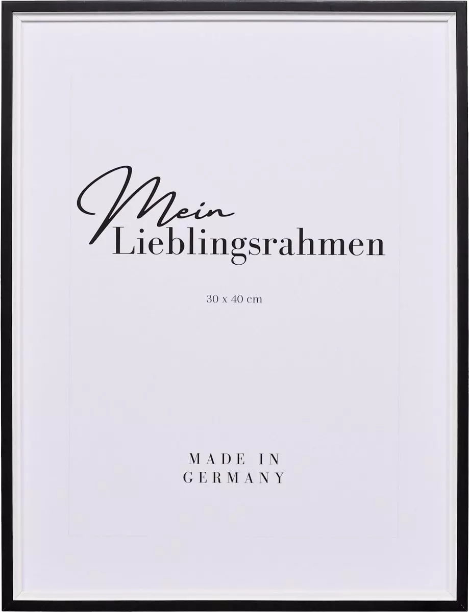 Frontansicht eines schwarz-weissen Bilderrahmens mit kantigem, modernen Profil und nach innen abgestuften Leisten für eine tiefenwirkende Optik